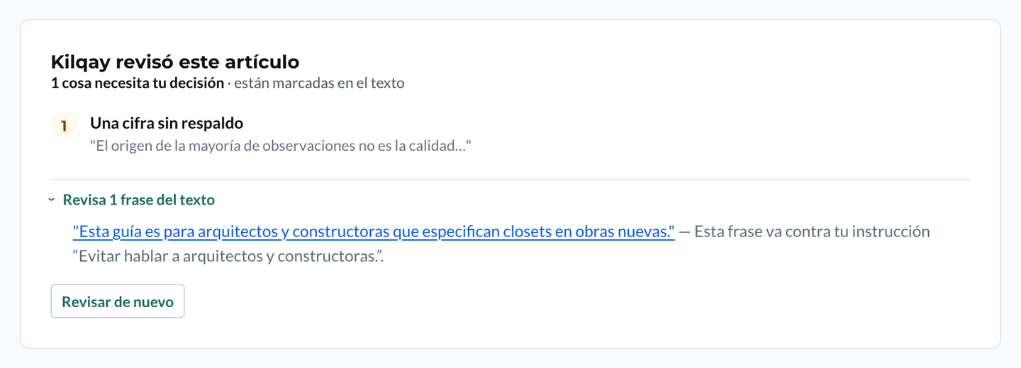Alerta en la revisión por una frase que va contra una instrucción