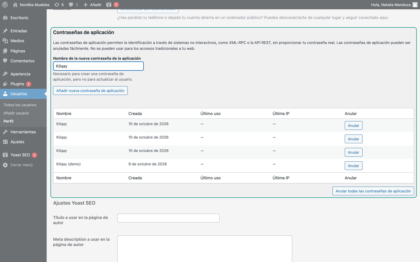 Sección Contraseñas de aplicación en el perfil de WordPress
