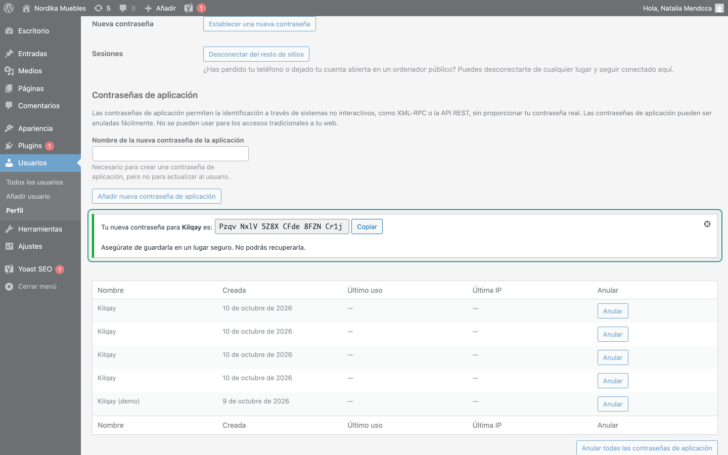 Clave generada por WordPress