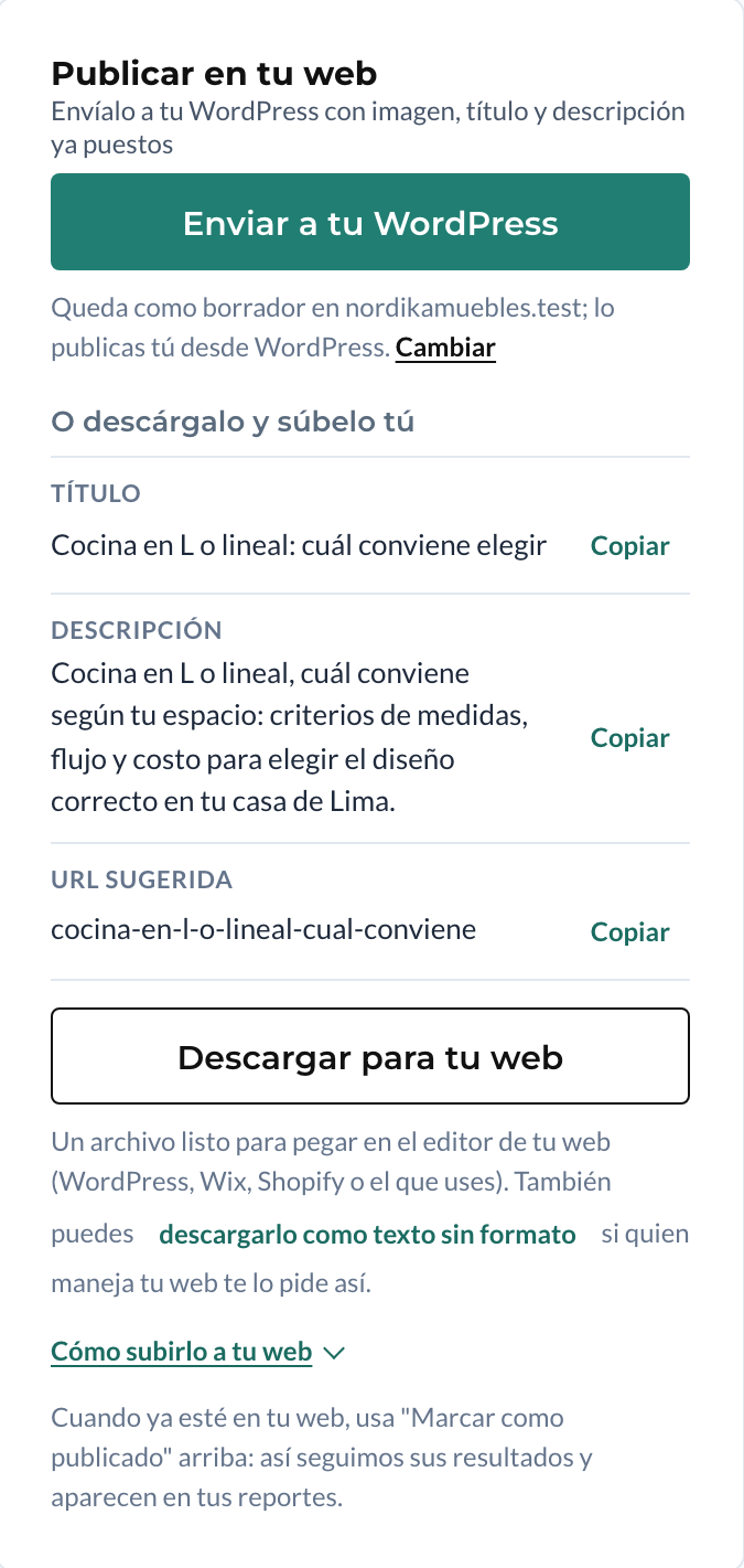Panel Publicar en tu web