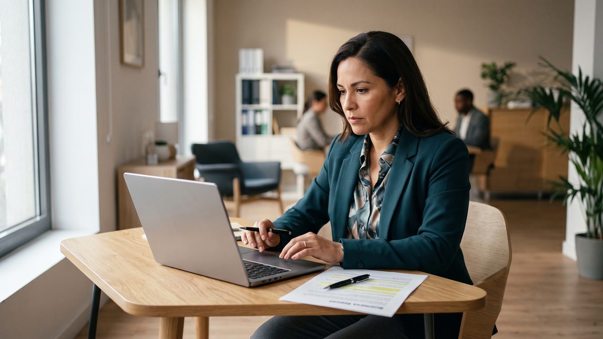 Dueña de negocio revisando el informe de su auditoría SEO en la laptop, en la oficina