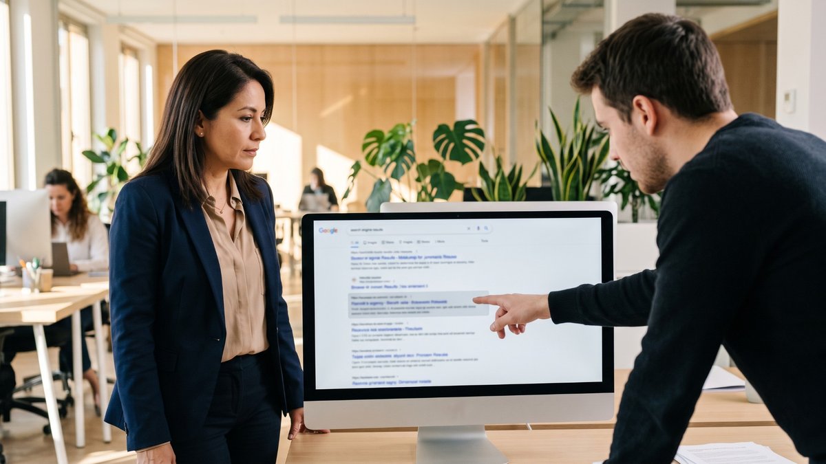 Equipo de una pyme señalando un resultado de Google para entender para qué sirve el SEO en su negocio